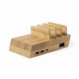 A wooden charging station with multiple slots and various ports, showcasing a natural finish.