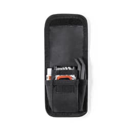 A tool pouch in black fabric containing various tools and accessories, secured in multiple compartments.