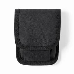 A black pouch with a flap closure, featuring stitched edges for added durability. It has a simple, functional design.