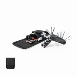 A multi-tool with various tools and a black carrying case. It features a compact design and several attachments.