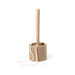 A wooden stick attached to a circular base with a white string, all in a natural brown colour.