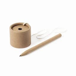 A cylindrical, brown paper container with a string, accompanied by a brown pen. Both items are made from recycled materials.