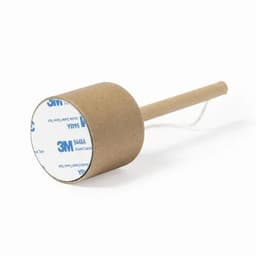 A tape dispenser with a cylindrical, brown cardboard body and a white inner tape roll. It has a wooden handle.