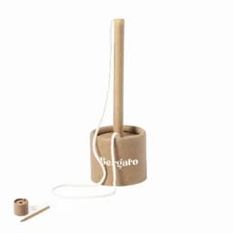 A brown promotional product with a cylindrical base, a vertical pole, and a string attached to a spool. It features a logo.