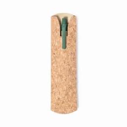 A pen case made of cork, featuring a green pen inside and a minimalist design.