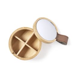 A round wooden storage box with a mirror lid and a leather handle, featuring four compartment sections inside.