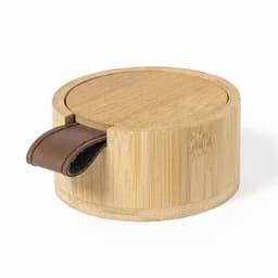 A bamboo container with a wooden lid and a leather handle. It features a smooth, natural finish.