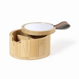 A bamboo storage container with a lid and leather strap, featuring a natural finish and stylish design.