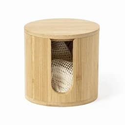 A bamboo storage container with a round, lidless design and a mesh interior for holding items.