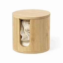 A bamboo container with a round lid, featuring a see-through section revealing a textured white cloth inside.