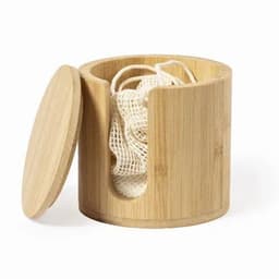 A bamboo storage container with a lid, featuring a cutout, and containing mesh pouches inside.