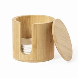 A bamboo container with a lid, featuring a slot and holding several cotton pads inside.