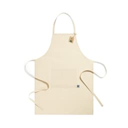 A beige apron with a front pocket and ties, featuring a small logo tag.