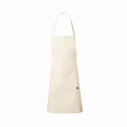 A cream-coloured apron with a neck strap and a logo at the bottom. It features a simple, unembellished design.