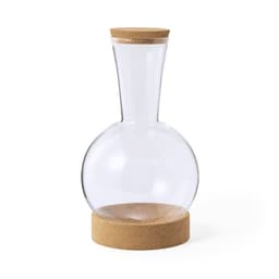A drink bottle with a clear glass body and a cork base and lid.