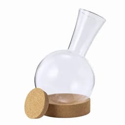 A drink bottle with a round glass body and a tapered neck, featuring a cork base and a cork lid.