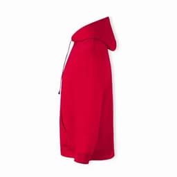 A red hoodie featuring a hood and a front zipper, with a logo on the chest area.