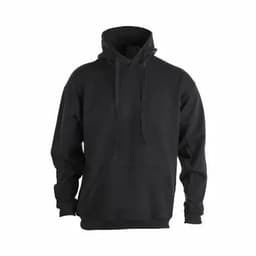 A black hoodie with a front pocket and adjustable drawstrings on the hood. It has a plain design and loose fit.