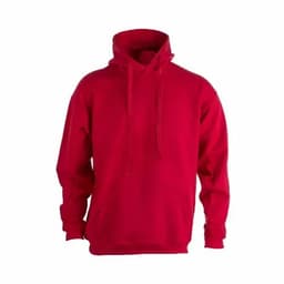A red hoodie with a kangaroo pocket and adjustable drawstrings on the hood. Features a plain design.