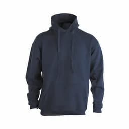 A navy blue hoodie featuring a drawstring hood and a front pocket. It has a logo on the chest.