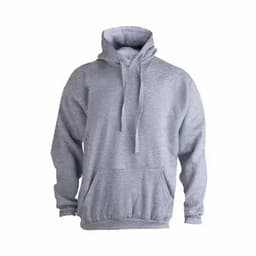 A grey hoodie with a kangaroo pocket and a drawstring hood. The fabric appears soft and comfortable.