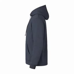 A navy hoodie with a front pocket and drawstring hood. The image features a side view showcasing its design.