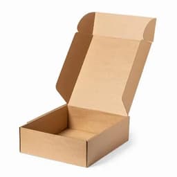 A brown cardboard box, open and empty, featuring a foldable lid. No text or branding visible.