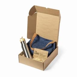 A drink bottle in a gift box, accompanied by a denim bag and promotional materials, featuring a logo. The bottle is silver.