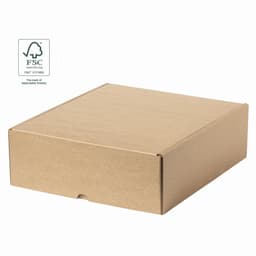 A brown cardboard box with a flap closure and an FSC logo on the side.