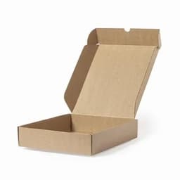A cardboard box, open and empty, featuring a utilitarian design with a light brown colour.