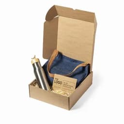 A drink bottle in a cardboard box with a denim tote bag, featuring a logo. The bottle is metal and silver in colour.