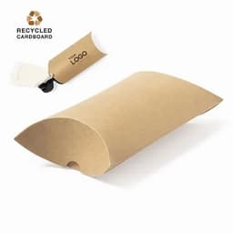 A recycled cardboard pillow box in a natural brown colour, featuring a space for a logo.