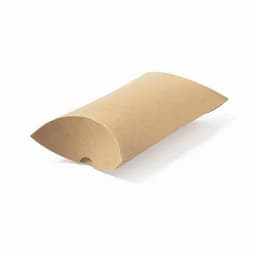 A kraft paper pillow box with a curved design and a small hole for securing contents inside.