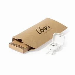 A wireless earbud case in white, placed beside a cardboard packaging featuring a logo.