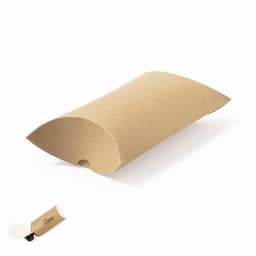 A brown pillow box with a cut-out opening and a tag for branding, suitable for packaging small items.