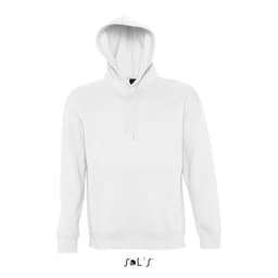 A white unisex hoodie made of 50% cotton and 50% polyester, featuring a front pouch pocket and a logo.