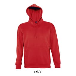 A red unisex hoodie made from 50% cotton and 50% polyester, featuring a front pocket and a hood.