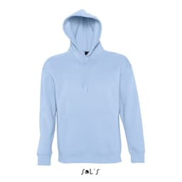 A light blue unisex hoodie made of 50% cotton and 50% polyester, featuring a front pocket and a hood.