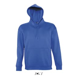 A blue unisex hoodie made of 50% cotton and 50% polyester, featuring a front pocket and a hood.