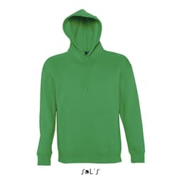 A green unisex hoodie made of 50% cotton and 50% polyester, featuring a front pocket and a hood.