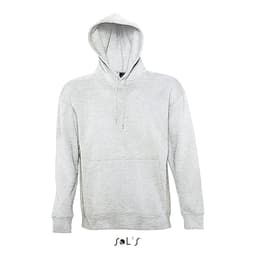 A unisex hoodie in light grey, featuring a kangaroo pocket and a hood. It has a logo on the front.
