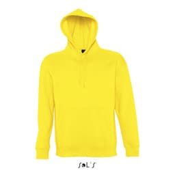 A yellow unisex hoodie made from 50% cotton and 50% polyester, featuring a front pocket and a hood.