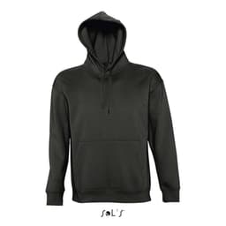 A unisex hoodie in dark green, made from 50% cotton and 50% polyester, featuring a front pocket and a hood.