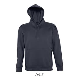 A dark navy unisex hoodie made from 50% cotton and 50% polyester, featuring a front pocket and a hood.