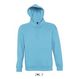 A light blue unisex hoodie made of 50% cotton and 50% polyester, featuring a front pocket and a hood.