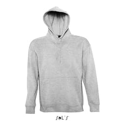 A grey unisex hoodie made of 50% cotton and 50% polyester, featuring a front pocket and a hood.