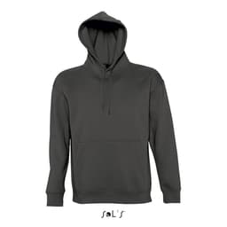 A grey unisex hoodie made from 50% cotton and 50% polyester, featuring a front pouch pocket and a hood.