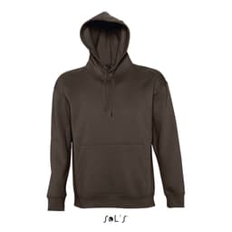 A unisex hoodie in dark brown, made from 50% cotton and 50% polyester, featuring a front pocket and hood.