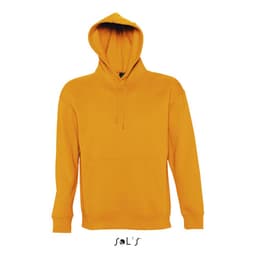 A unisex hoodie in bright yellow with a front pocket and a hood. It features a logo on the side.