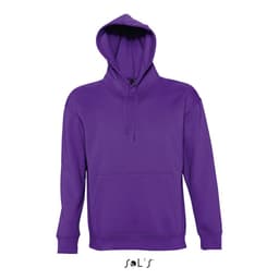 A unisex hoodie in a vibrant purple colour with a front pouch pocket and a hood. The garment has a logo.
